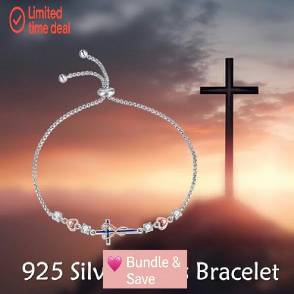 Sterling Silver Sideways Cross Bracelet Adjustable Chain Religious Jewelry Gift - Picture 7 of 8